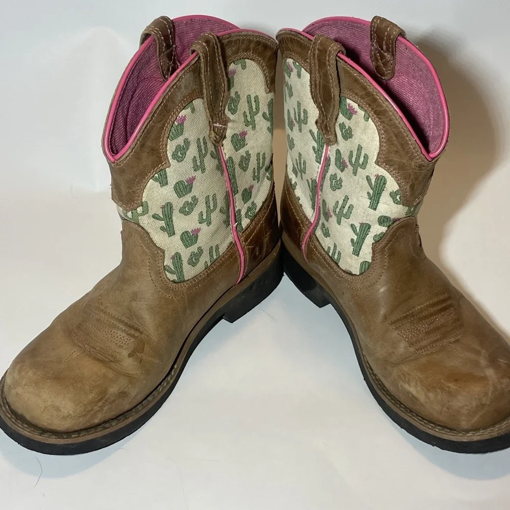 Ariat Youth Girls Cactus Print Brown Leather Round Toe Western Boots (Size 3)